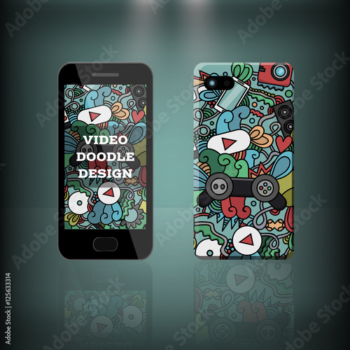 Vector realistic phone and case design of video gaming, let's play and cinema doodle cartoon style. Concept of corporate identity brand. Design for cover stationery.