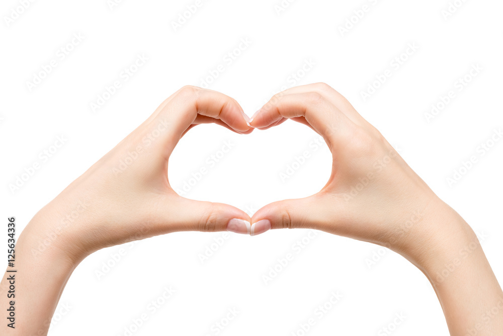 Female hands show heart on white background. Female hands show heart on white background.