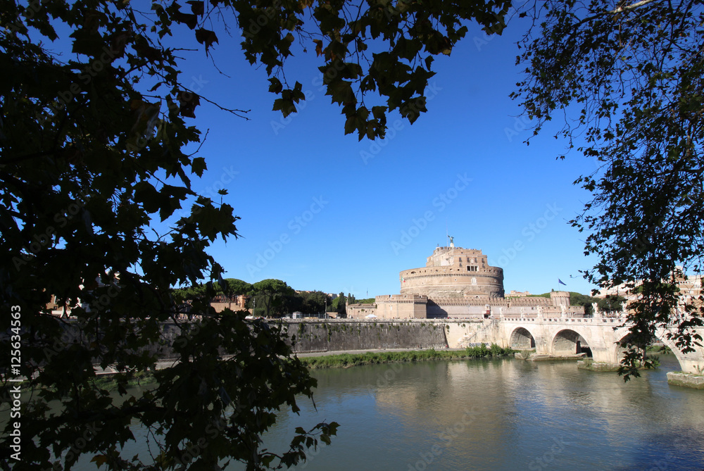 The Mausoleum of Hadrian, usually known as the Castle of the Holy Angel (Castel Sant Angelo), and bridge over Tiber river, Rome, Italy