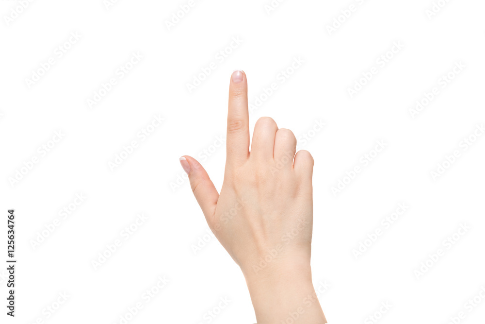Female index finger on a white background. Female index finger on a white background.