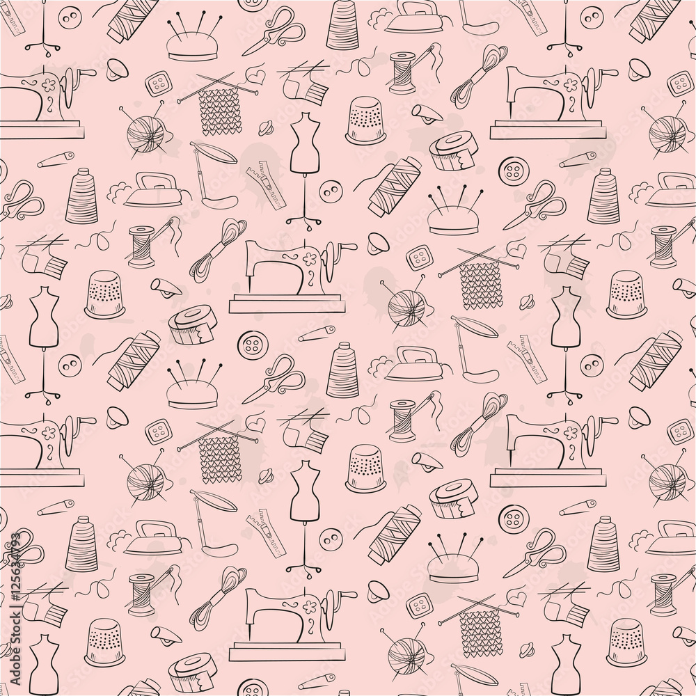 Pattern of knitting, sewing and needlework icons. Pattern of knitting, sewing and needlework icons.
