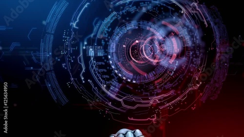 System start. Robot hand pressing screen with futuristic software interface. 