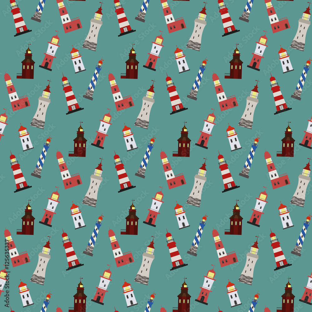 Obraz premium Seamless marine pattern with red, white and blue lighthouses.