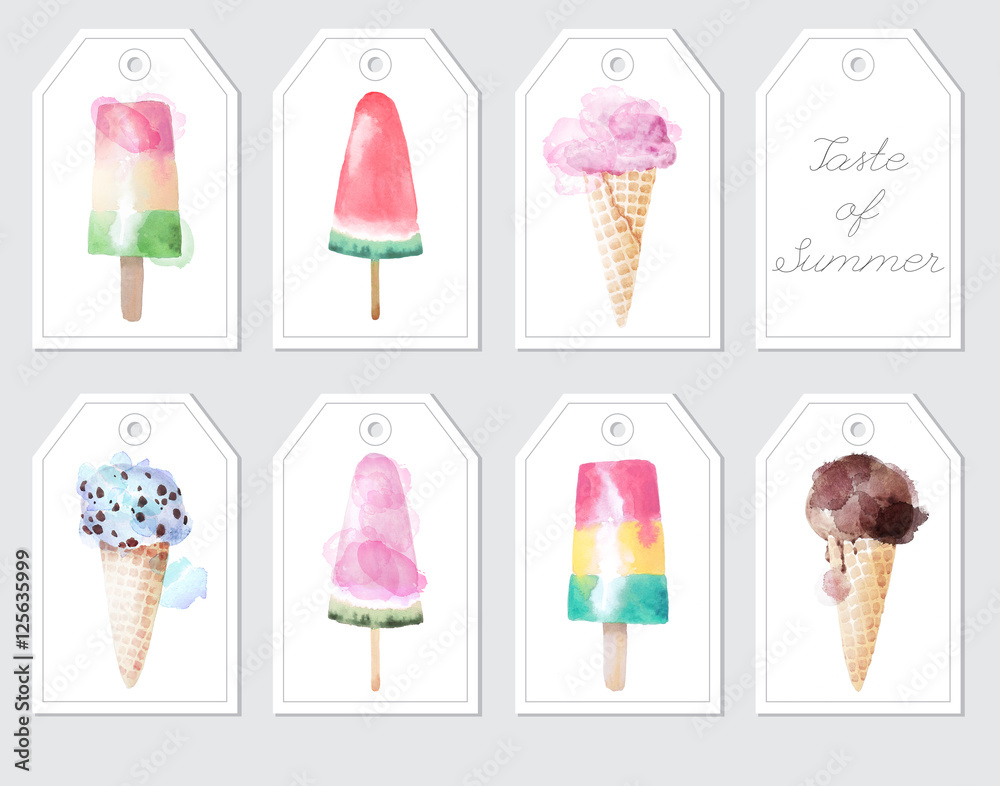 Elements with watercolor ice creams and inscription Elements with watercolor ice creams and inscription