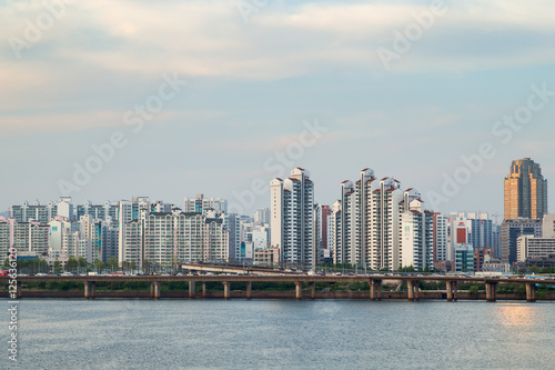 Residential district along the Han River viewed from the Mapo Bridge in Seoul, South Korea. Copy space.