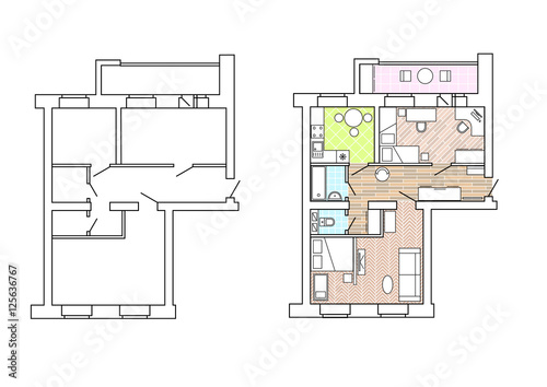 Plan apartments before and after redevelopment. Plan apartments before and after redevelopment with furniture.