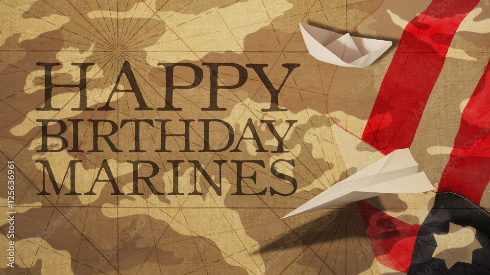 Happy Birthday Marines Flag Camo Background Paper Boat and Plane Stock