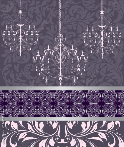 Vintage invitation card with ornate elegant abstract floral design, purple on gray with chandeliers and ribbon. Vector illustration.