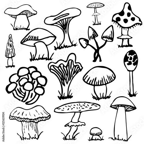 Set of silhouettes of cute cartoon mushrooms isolated on white background.