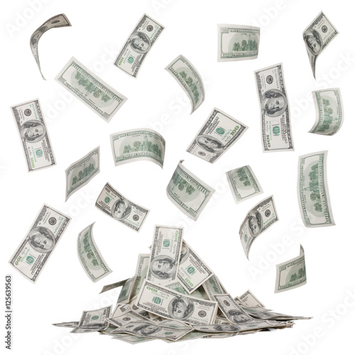 rain of dollar bills and a heap of money isolated on white