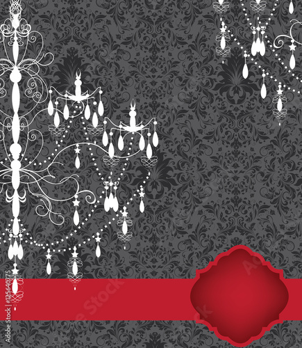 Vintage invitation card with ornate elegant abstract floral design, black flowers on gray background with chandeliers and red ribbon. Vector illustration.