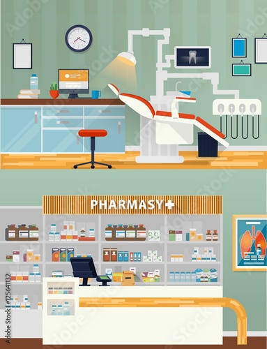 Dental room and pharmacy shop or store.