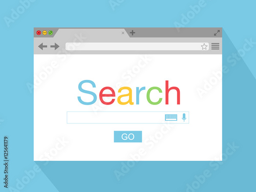 Flat style browser window on cyan background. Search engine. Vector stock illustration