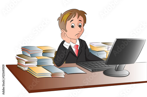 Vector of unhappy businessman's desk invaded with documents.