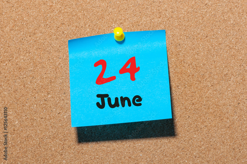 June 24th. Day 24 of month, color sticker calendar on notice board. Summer time. Close up June 24th. Day 24 of month, color sticker calendar on notice board. Summer time. Close up