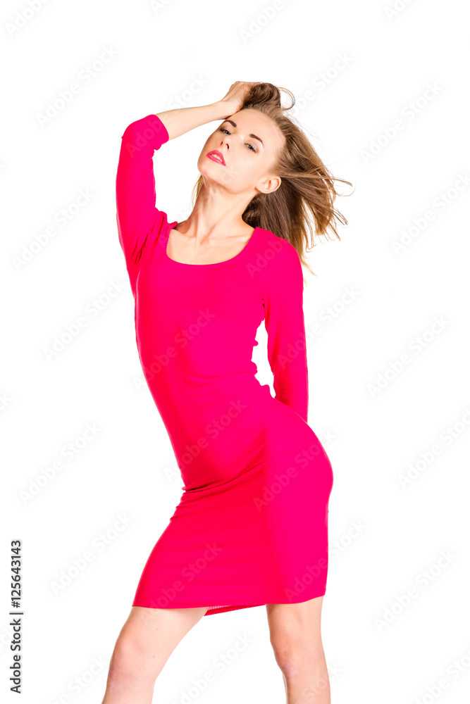Fototapeta premium Young sexy slim pretty woman dressing red dress posing isolated on white