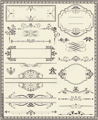 Various vintage labels border and background elements with ornate elegant retro abstract floral design, dark gray flowers and leaves on light gray background. Vector illustration..