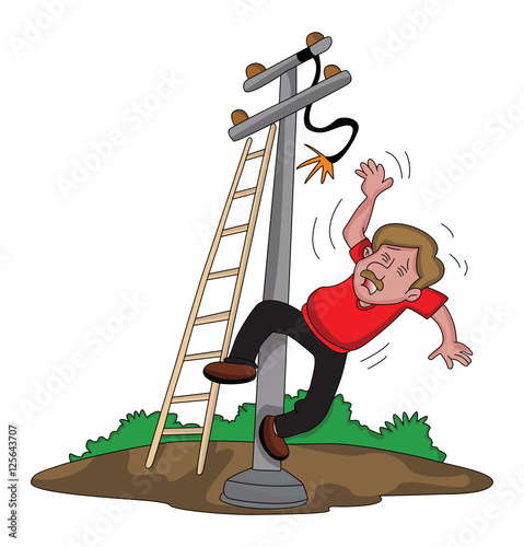 Vector of man falling from ladder after an electric shock.