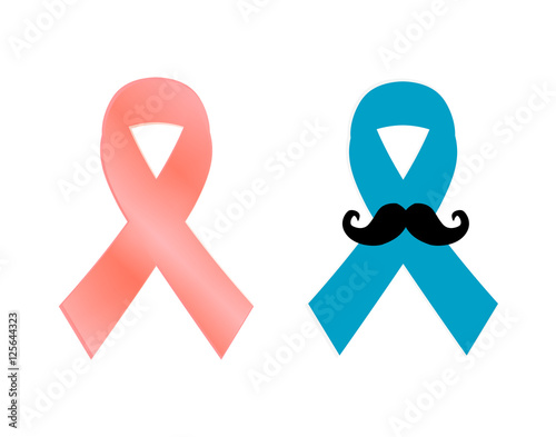 woman pink breast cancer ribbon awareness and blue prostate cancer ribbon awareness. Isolated on white