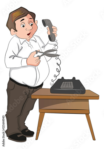 Vector of man cutting telephone cord.