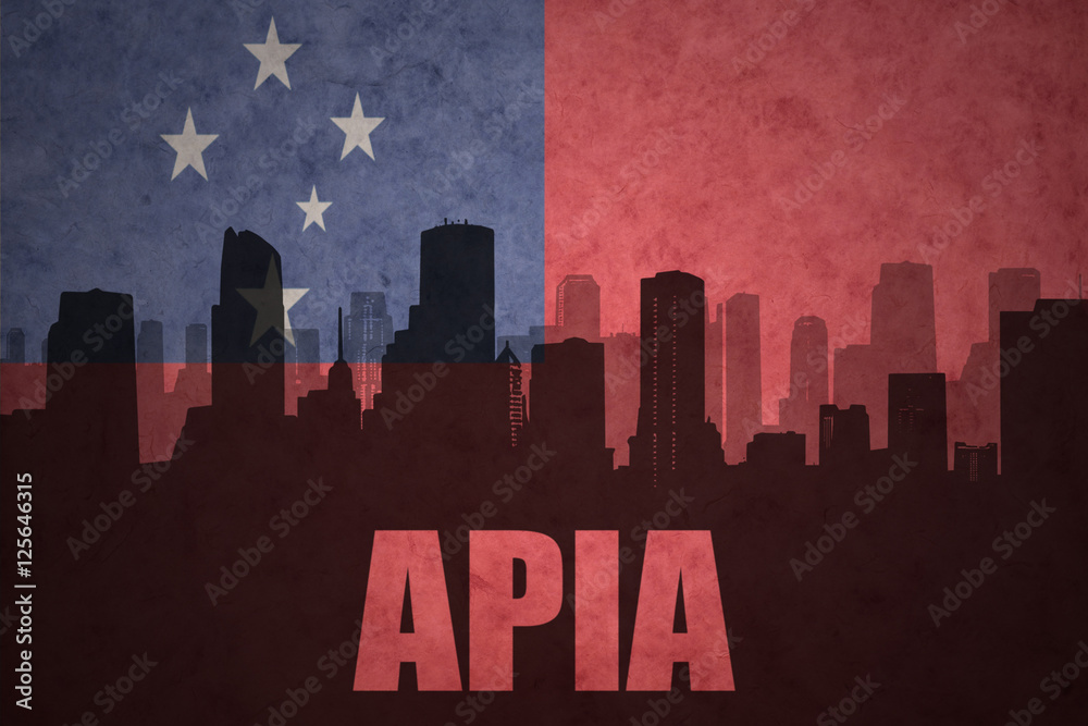 abstract silhouette of the city with text Apia at the vintage Samoa flag