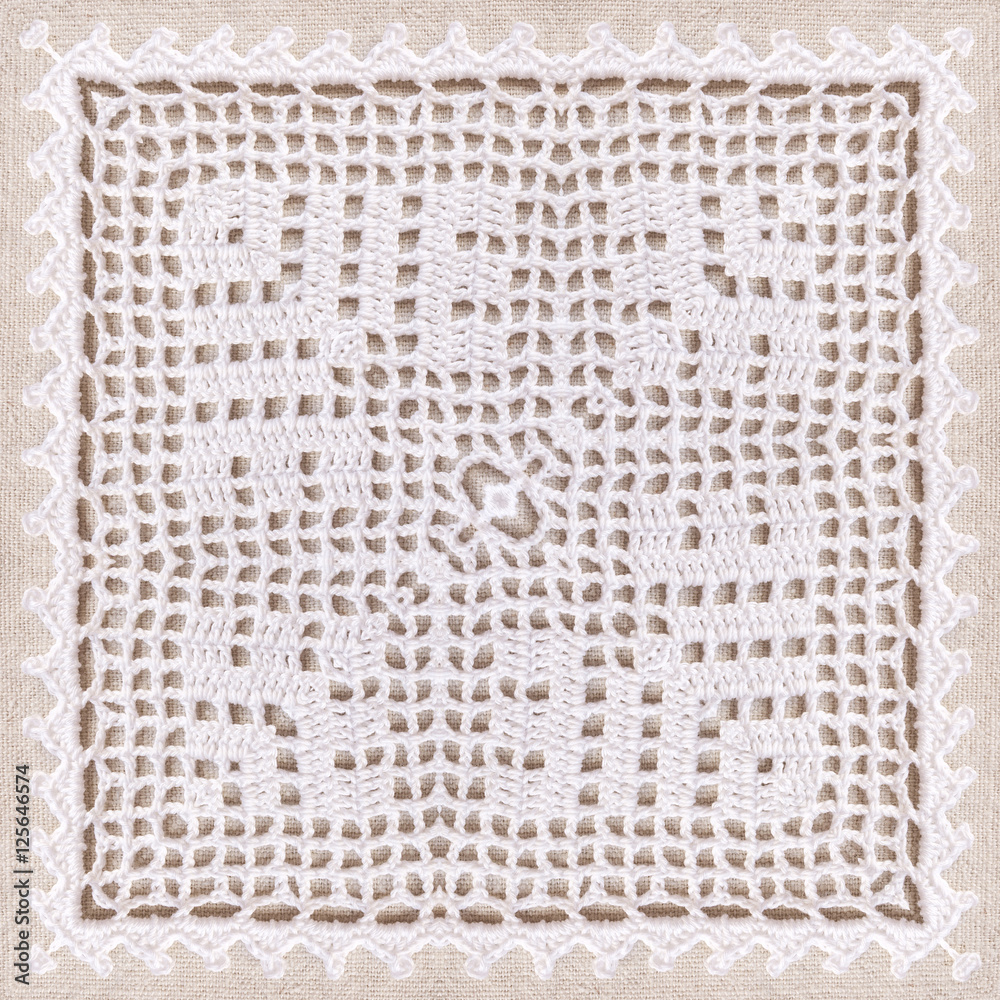 Cotton white crochet background, backdrop for scrapbook, top view. Collage mirror reflection. Seamless kaleidoscope montage for cushion, blanket, pillow, plaid, tablecloth, cloth, bed cloth