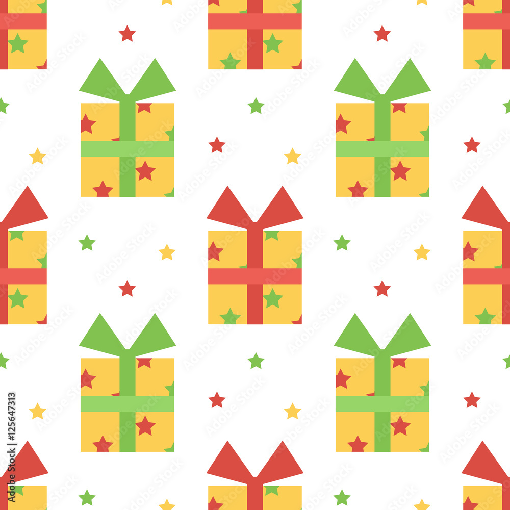 Cute colorful seamless pattern background with colorful gift boxes, presents and stars.