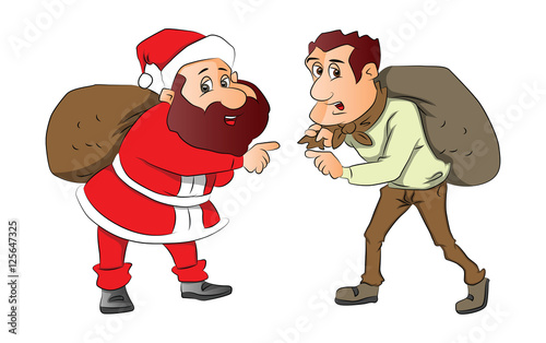 Vector of santa and burglar with sacks on their back.