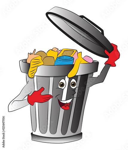 Vector of overloaded dustbin holding lid.