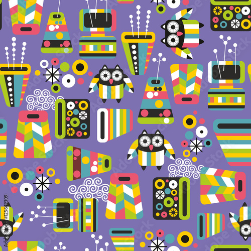 Seamless pattern with owls and vases.