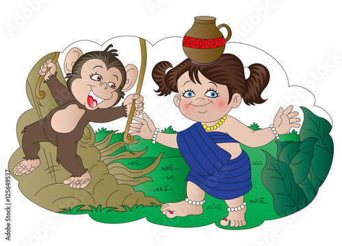 Vector of monkey laughing at girl carrying pot on her head.