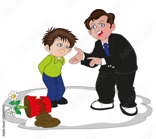 Vector of businessman scolding his son for broken flower pot.