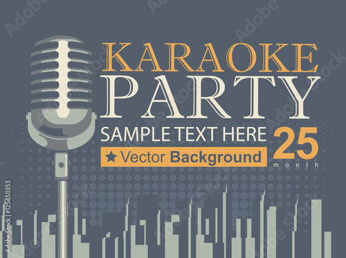 Banner with microphone for karaoke parties over modern city background