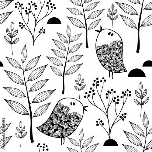 Black and white endless pattern with doodle birds in the forest.