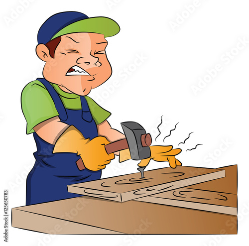 Vector of carpenter nailing nail into wooden plank.