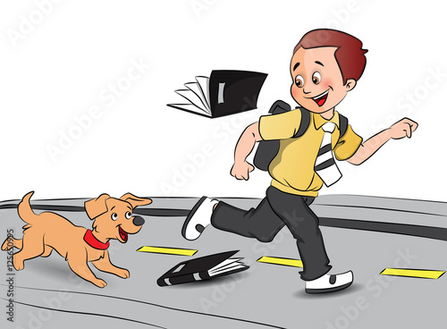 Vector of happy schoolboy running with pet dog, books falling.