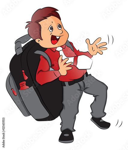 Vector of schoolboy with heavy and oversized schoolbag.