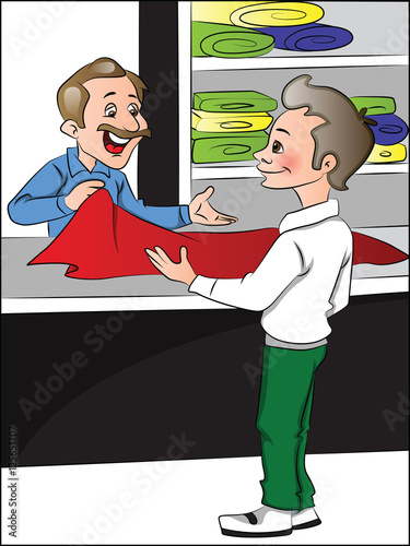 Vector of shopkeeper helping customer to choose clothes. photo