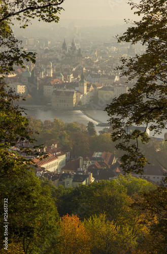 Autumn in Prague, view of the river Vltava and the old city from the Petrin Hill