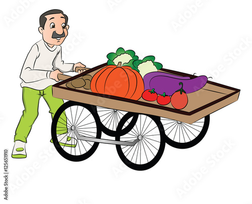 Vector of vendor pushing vegetable cart.