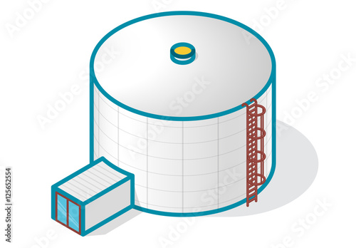 Tank for storing water, gas, oil, oxygen and other solid fuels. Part of wastewater treatment plant, WWTP. Isometric vector symbol for water management, gasometer or deal with fuel and drinking water.