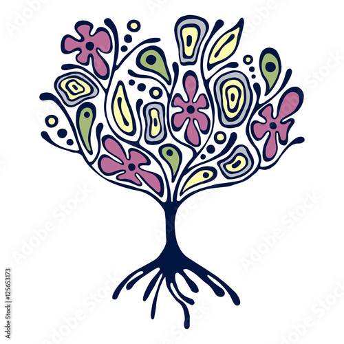 Vector hand drawn illustration, decorative ornamental stylized tree. Colorful vintage graphic illustration isolated on the white background. Inc drawing silhouette. Decorative artistic ornamental wood