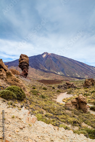 Roques de Garcia, with volcano in the background, in Teide National Park, Tenerife, Canary Islands, Spain
