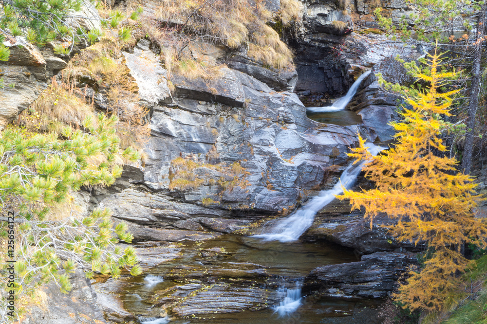 Fototapeta premium waterfall in the mountains and the autumnal trees, long exposure