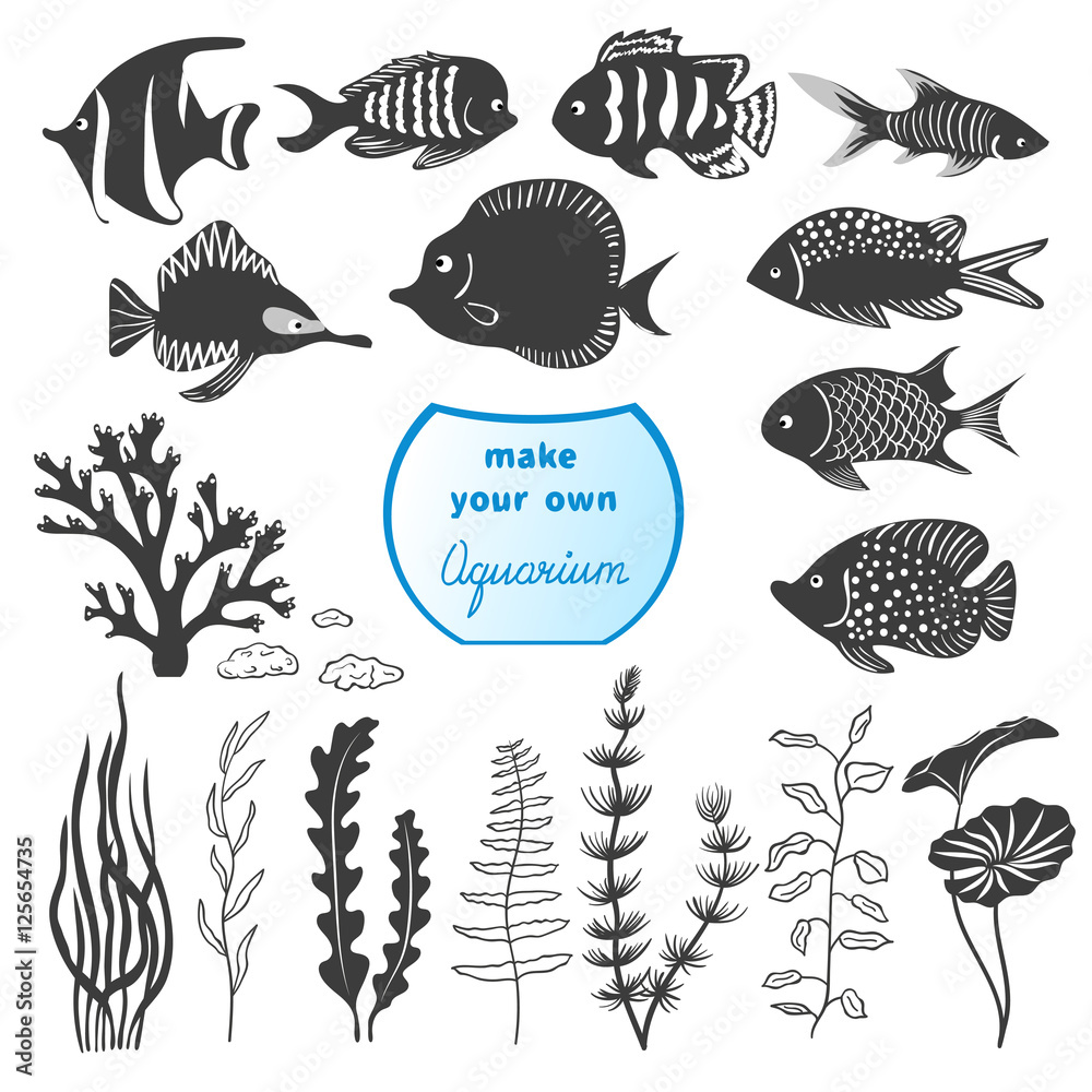 Vector set of different fishes and decorations for making your own aquarium. Tropical fish and seaweeds silhouettes isolated on white background. Vector set of different fishes and decorations for making your own aquarium. Tropical fish and seaweeds silhouettes isolated on white background.