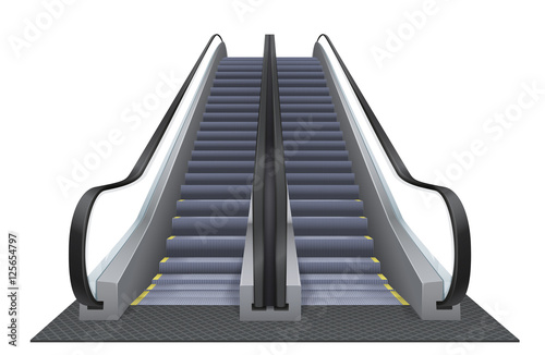 Double realistic vector escalator isolated on the white background. Up moving elevator.