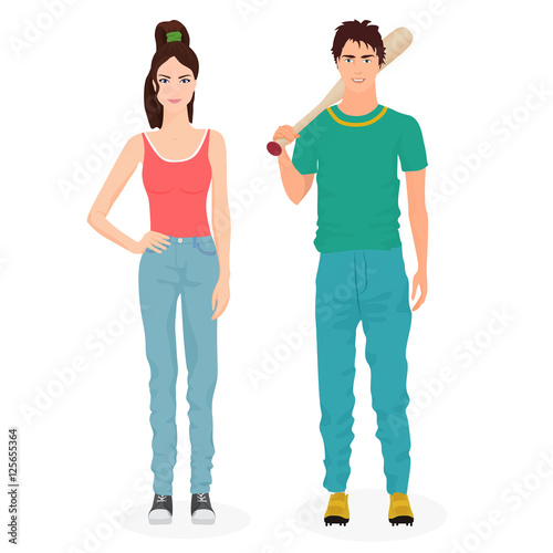 Young people in casual clothes. Teen guy and girl. Neenagers male female couple together. Flat vector illustration.