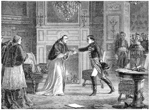 Napoleon visiting Pius VII at Fontainebleau, vintage engraving.