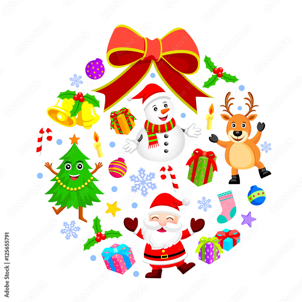 Christmas Characters and Christmas elements design in circle shape. Santa Claus, Snowman, Tree, Reindeer cartoon illustration.  Isolated on white background.