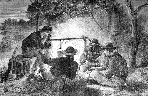 Fotografie Settlers Queensland. A card game, vintage engraving.